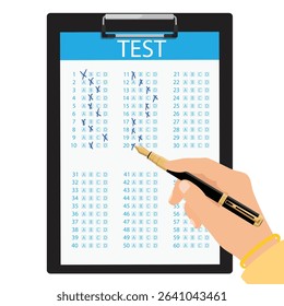Hand holding a fountain pen writing a test. Black clipboard with a test paper, isolated on a white background. Vector illustration