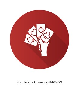 Hand holding four aces flat design long shadow glyph icon. Playing cards. Poker. Kare. Vector silhouette illustration