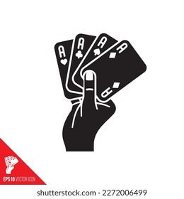 hand holding four aces playing cards vector glyph icon 