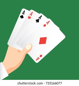 hand holding four aces, poker playing card concept, vector illustration