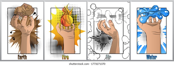 Hand holding four nature element: earth (ground), fire, water and wind - comic book style, cartoon vector illustration. Poster collection.