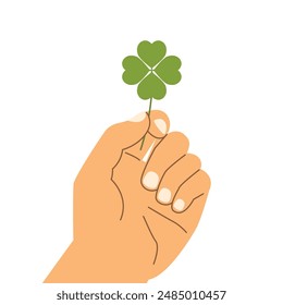 hand holding a four-Leaf shamrock, clover; can be used in materials for St. Patrick's Day events, concept of wellness, positivity, hope, prosperity, good fortune - vector illustration