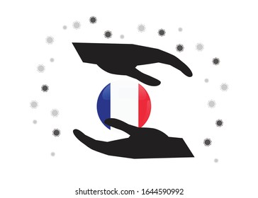 Hand holding France flag in cycle symbol, Protect French people form coronavirus  or COVID-19 concept, Save france, sign symbol background, vactor illustration.