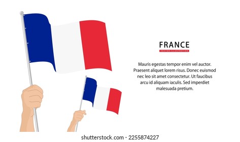 Hand holding France flag. Illustration in flat style. Waving flag of France isolated. vector illustration