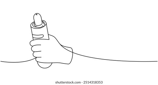 Hand holding French hot dog one line continuous drawing. Tasty fast food. Vector linear illustration.