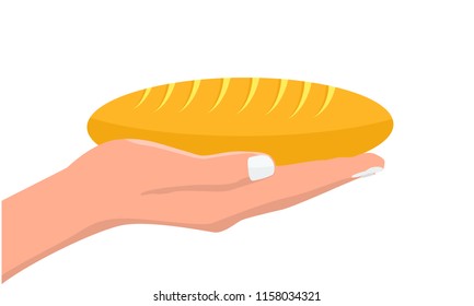 Hand holding fresh bread. Vector illustration with flat color style.