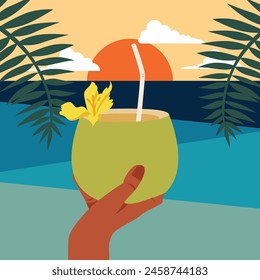 Hand Holding Fresh Coconut on The Beach Summer Vacation Illustration