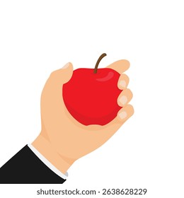 Hand holding fresh red apple with glossy surface and brown stem. Vector illustration for themes related to health, nutrition, organic food, wellness, or educational purposes.