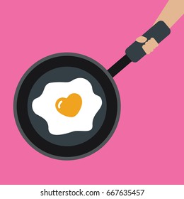 Hand holding a fried egg or omelet cartoon with heart shaped vector in a frying pan flat design. love background. i love you like breakfast in the morning in valentines day