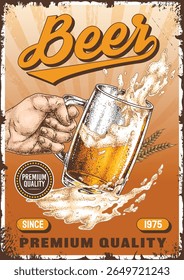 A hand is holding a frosty mug of beer with golden liquid and foam spilling over the edge. The atmosphere suggests a lively gathering perfect for relaxation and enjoyment.