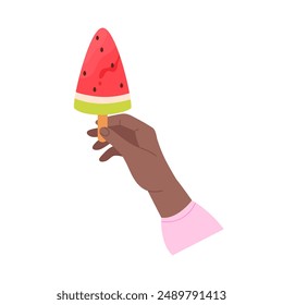 Hand holding fruit popsicle with watermelon flavor on stick vector illustration