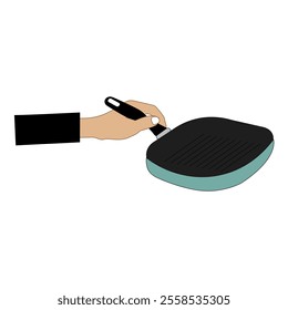 Hand holding frying pan, Flat concept illustration of kitchen food fry, roast tools. Vector elements for web design, cook infographic.
