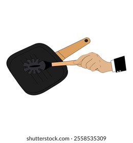 Hand holding frying pan, Flat concept illustration of kitchen food fry, roast tools. Vector elements for web design, cook infographic.
