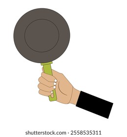 Hand holding frying pan, Flat concept illustration of kitchen food fry, roast tools. Vector elements for web design, cook infographic.