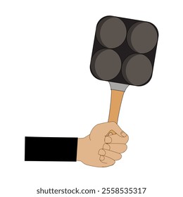 Hand holding frying pan, Flat concept illustration of kitchen food fry, roast tools. Vector elements for web design, cook infographic.