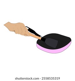 Hand holding frying pan, Flat concept illustration of kitchen food fry, roast tools. Vector elements for web design, cook infographic.