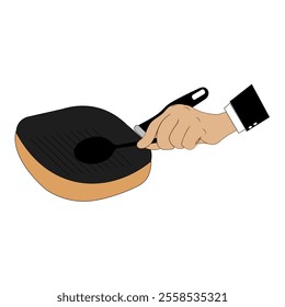 Hand holding frying pan, Flat concept illustration of kitchen food fry, roast tools. Vector elements for web design, cook infographic.
