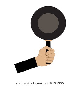 Hand holding frying pan, Flat concept illustration of kitchen food fry, roast tools. Vector elements for web design, cook infographic.