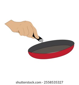 Hand holding frying pan, Flat concept illustration of kitchen food fry, roast tools. Vector elements for web design, cook infographic.