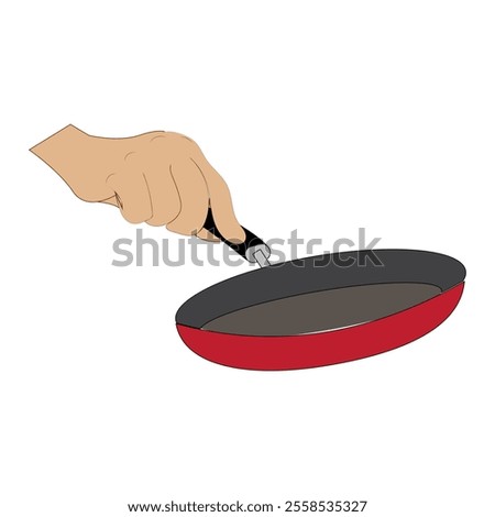 Hand holding frying pan, Flat concept illustration of kitchen food fry, roast tools. Vector elements for web design, cook infographic.