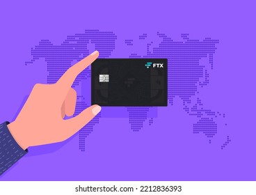 Hand holding FTX credit card on world map background. Vector