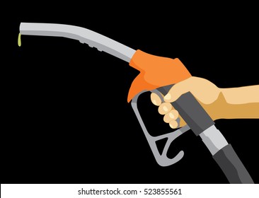 Hand holding fuel nozzle. Fuel pump in hand. Petrol station. Gasoline pump. Flat vector illustration