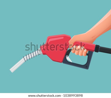 Hand is holding fuel nozzle pump. Vector illustration