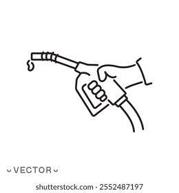 hand holding fuel pump icon, petrol or diesel station, gasoline nozzle, car or motorbike fill, thin line symbol isolated on white background, editable stroke eps 10 vector illustration