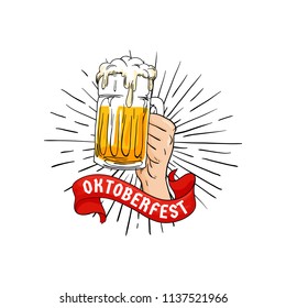Hand holding full glass of beer illustration with ribbon. Oktoberfest munich beer festival concept for poster, banner, logo, badge, sticker, advertising design. Vintage old style vector.