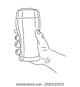 Mano sosteniendo un vaso lleno de cerveza. Ilustración vectorial dibujada a mano.