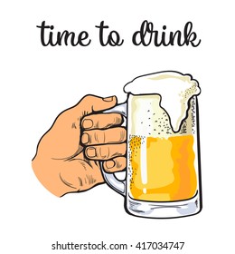 Hand holding a full glass of beer, vector illustration sketch narisovany by hand, isolation on a white background male hand with a mug of foamy golden beer, the concept of time to drink alcohol