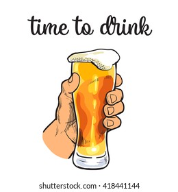 Hand holding a full glass of beer, vector illustration sketch by hand, isolation on a white background male hand with a mug of foamy golden beer, the concept of time to drink alcohol