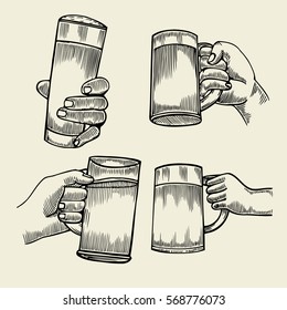 Hand holding a full glass of beer, vector illustration sketch by hand, isolation on a white background male hand with a mug of foamy golden beer, the concept of time to drink alcohol