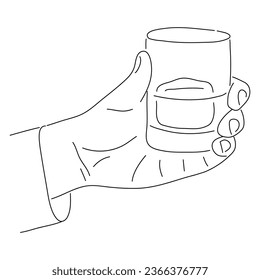 Mano sosteniendo un vaso lleno de whisky. Esbozo. Vector editable trazo.