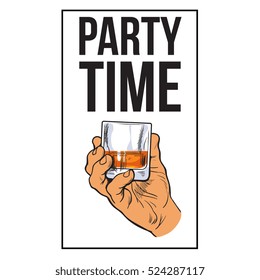 Hand holding full glass of whiskey, sketch style vector illustration isolated on white background.