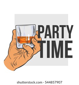 Hand holding full glass of whiskey, colored sketch style vector illustration isolated on white background. Hand drawing of a male hand with a shot of rum, whiskey, cognac, party time concept