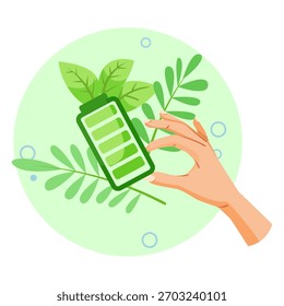 A hand holding a fully charged battery icon surrounded by green leaves on a light green circular background. Concept of green energy. Vector illustration