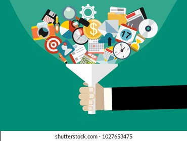 Hand Holding Funnel, Big Data Filter, Data Tunnel, Analysis Vector Concept