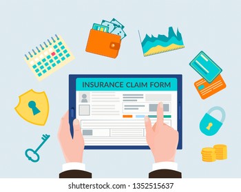 The hand holding the gadget, form insurance online,  shield with keyhole, key, padlock, schedules of revenues, calendar, wallet with cash and credit cards. Vector illustration, concept filling insuran
