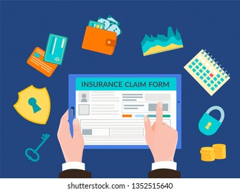 The hand holding the gadget. Vector illustration, concept filling insurance form online, shield with keyhole, key, padlock, schedules of revenues, calendar, wallet with cash and credit cards. 