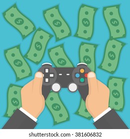 Hand holding game controller with falling money bills in the background. Playing games for money concept. Vector illustration in flat style