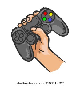 Hand holding gaming controller joystick. Gamer holding in hand gamepad