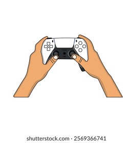 Hand holding gaming controller joystick. Gamer hand using video game console controller isolated over white background