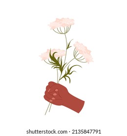 Hand holding garden flower bunch. Natural botanical blossoming gift, bloom wild bouquet plants, romantic and beautiful spring flowers, gardening floret fragrance cartoon vector illustration