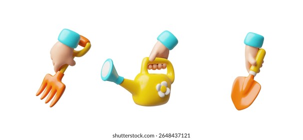 Mão segurando ferramentas de jardinagem 3D plástico estilo cartoon vetor ícones conjunto. Lata de regar, forquilha e pá no braço. Equipamento de cultivo de volume e manípulo de irrigação