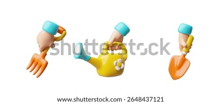 Hand holding gardening tools 3D plastic style cartoon vector icons set. Watering can, pitchfork and shovel in arm. Volume cultivation and irrigation handle equipment