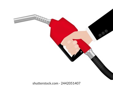 Hand Holding Gas Pump or Fuel Nozzle. Gas Station. Vector Illustration Isolated on White Background. 