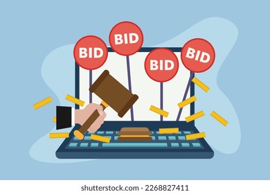 Hand holding gavel with laptop Auction online 2d vector illustration concept for banner, website, illustration, landing page, flyer, etc.