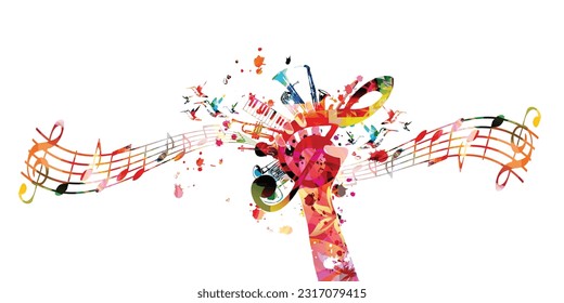 Hand holding G-clef with musical instruments vector illustration. Playful background for live concert events, music festivals and talent shows, party flyer with treble clef and musical notes	