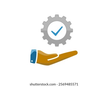 hand holding gear with check mark, simple flat style, logo sign symbol vector illustration pictogram, isolated on white for mobile app
